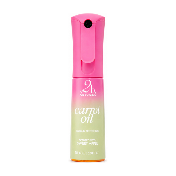 2btanned Sweet Apple SPF0 Carrot Oil tanning spray 100ml — pink and apple-green gradient bottle on white background
