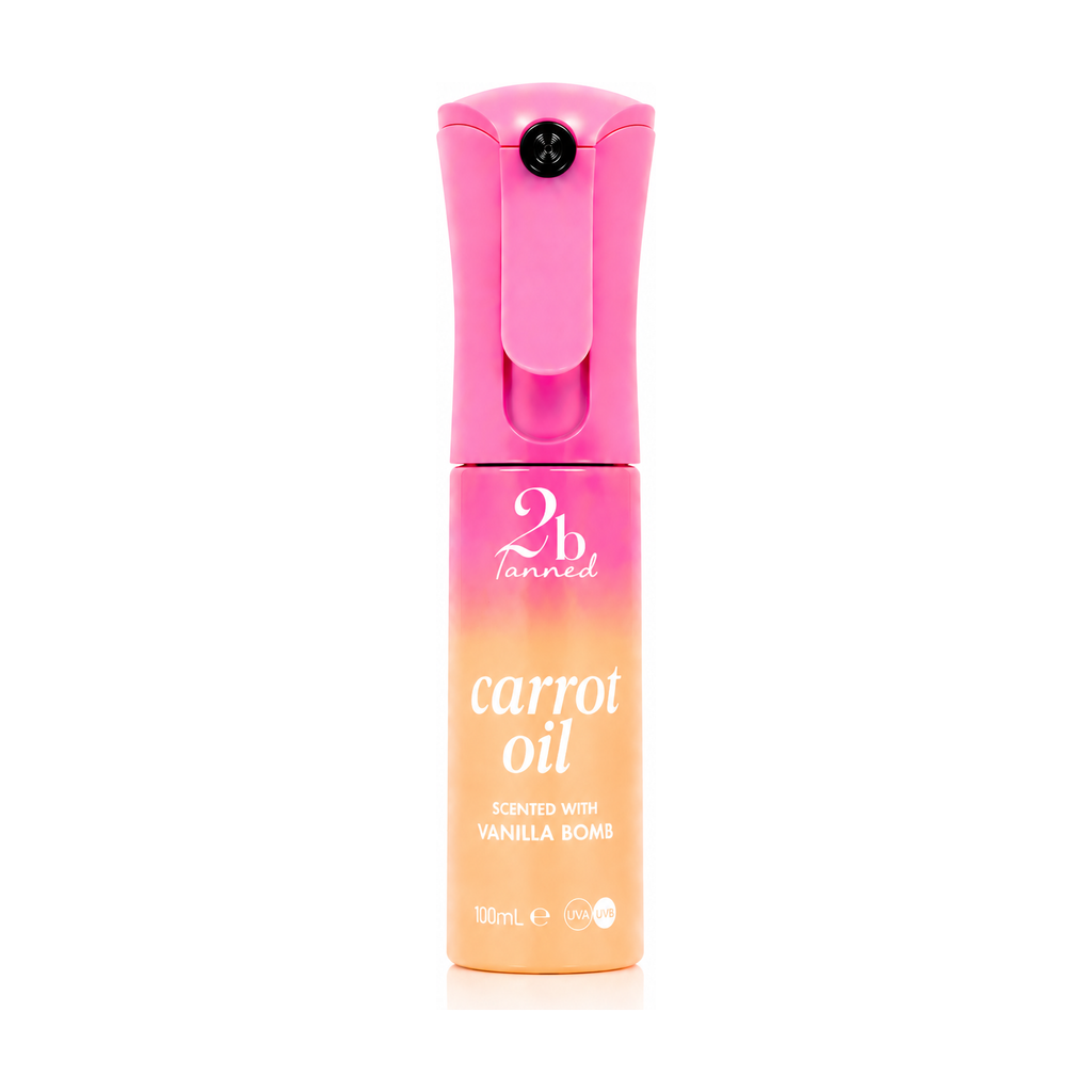 2btanned Vanilla Bomb SPF0 Carrot Oil tanning spray 100ml — pink and warm caramel gradient bottle on white background