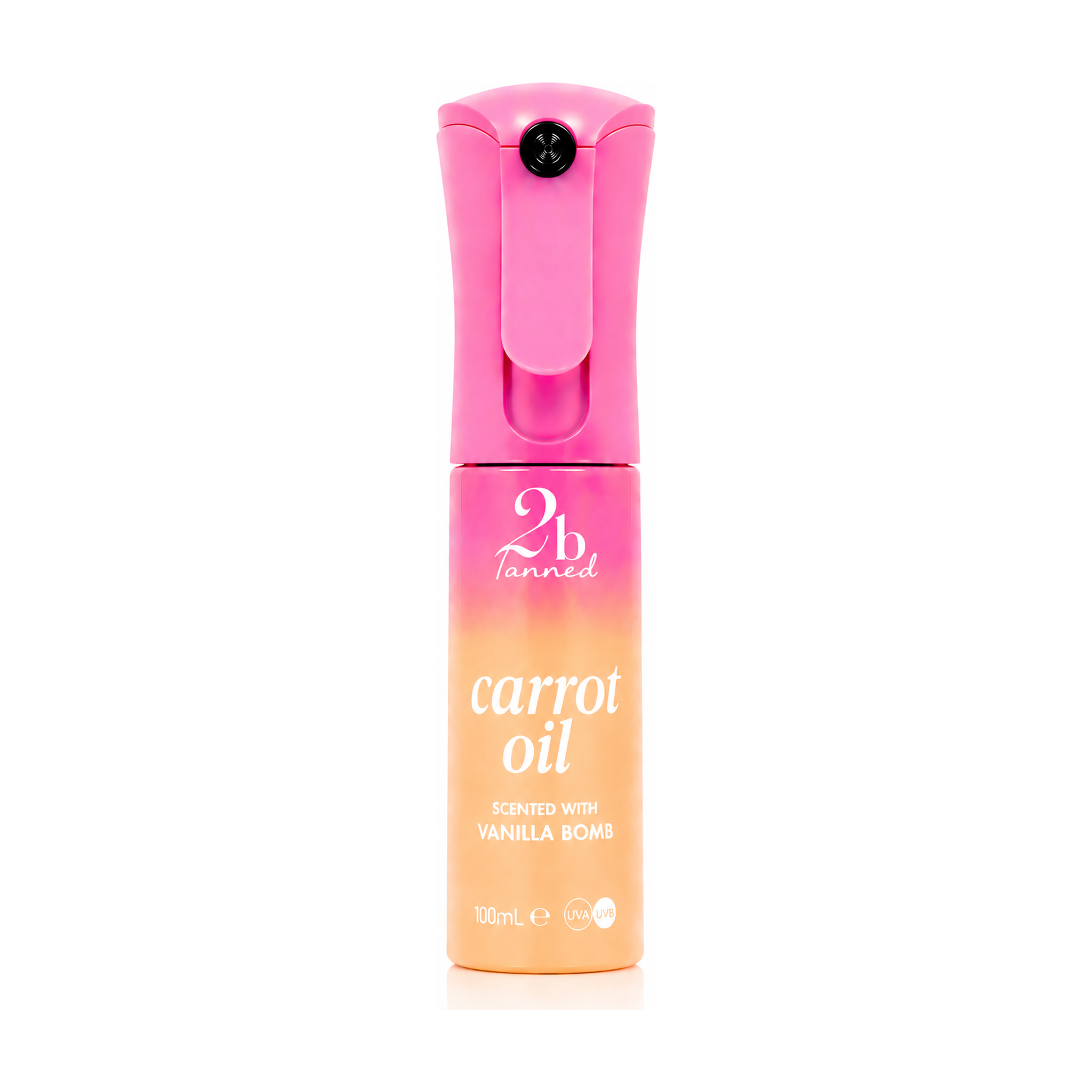 2btanned Vanilla Bomb SPF0 Carrot Oil tanning spray 100ml — pink and warm caramel gradient bottle on white background