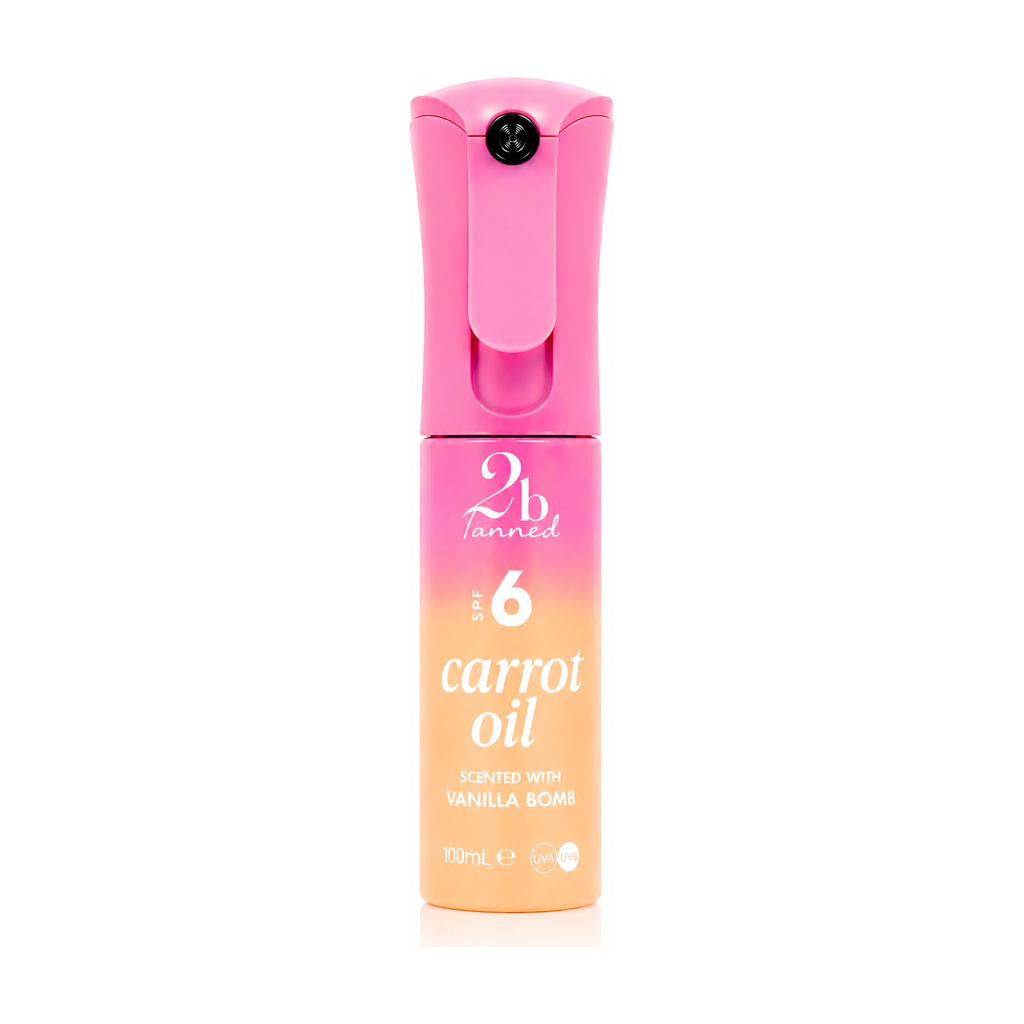 2btanned Vanilla Bomb SPF6 Carrot Oil tanning spray 100ml — pink and warm caramel gradient bottle on white background