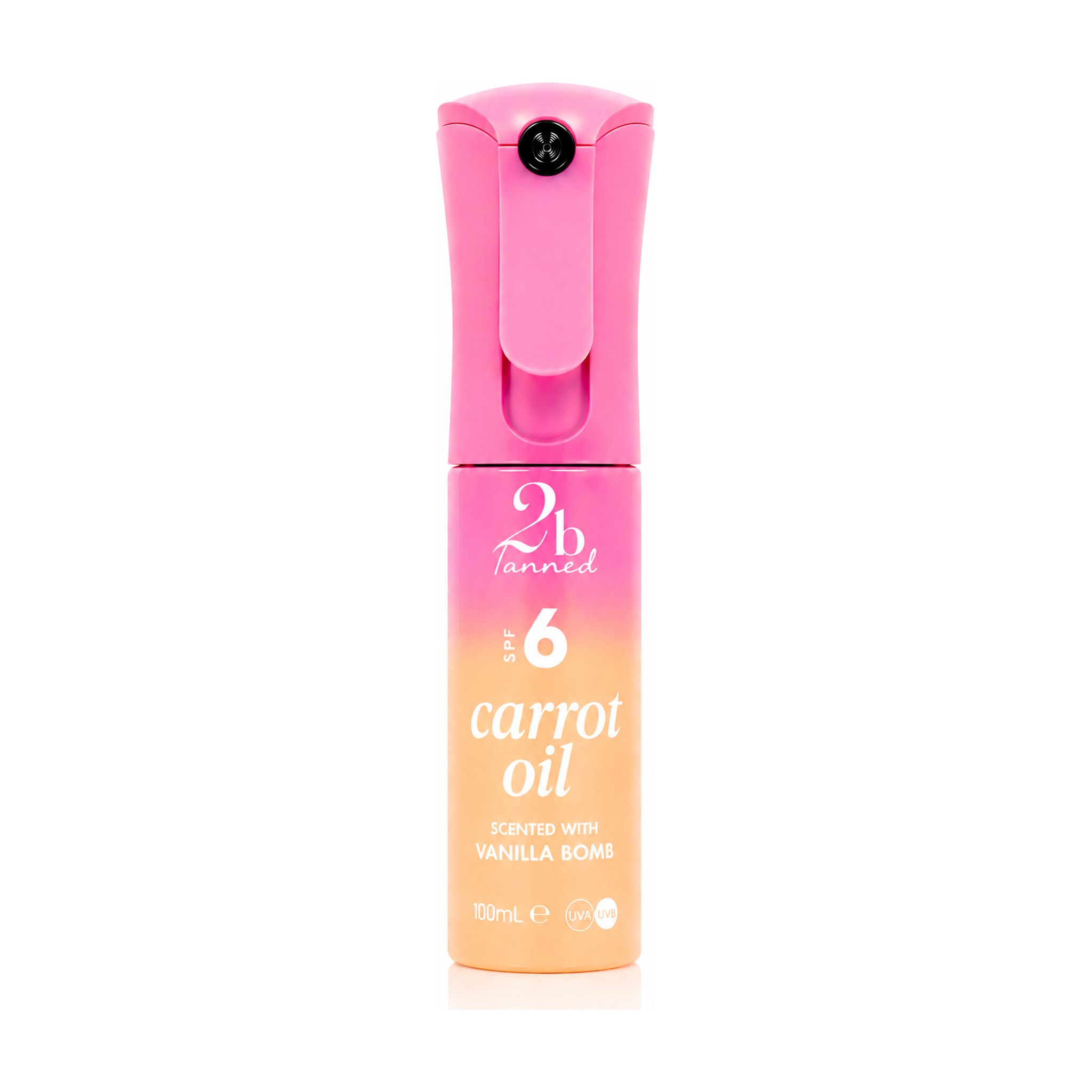 2btanned Vanilla Bomb SPF6 Carrot Oil tanning spray 100ml — pink and warm caramel gradient bottle on white background