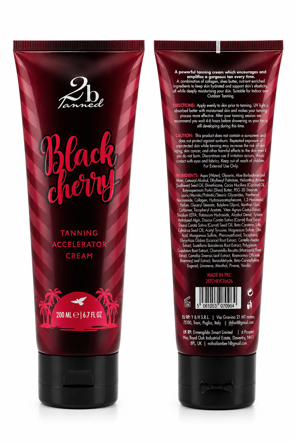 2BTanned Black Cherry Tanning Accelerator Cream front and back 200ml – indoor tanning lotion ingredients Thalitan Tyrosine