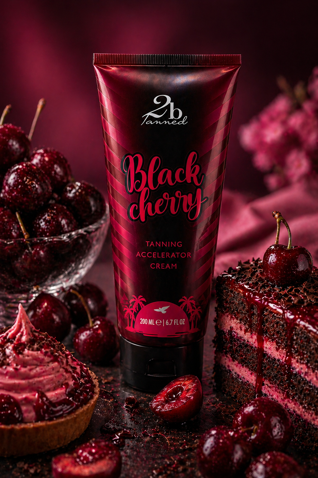 2BTanned Black Cherry Tanning Cream dark moody shot with cherries and cake – luxury tanning accelerator UK