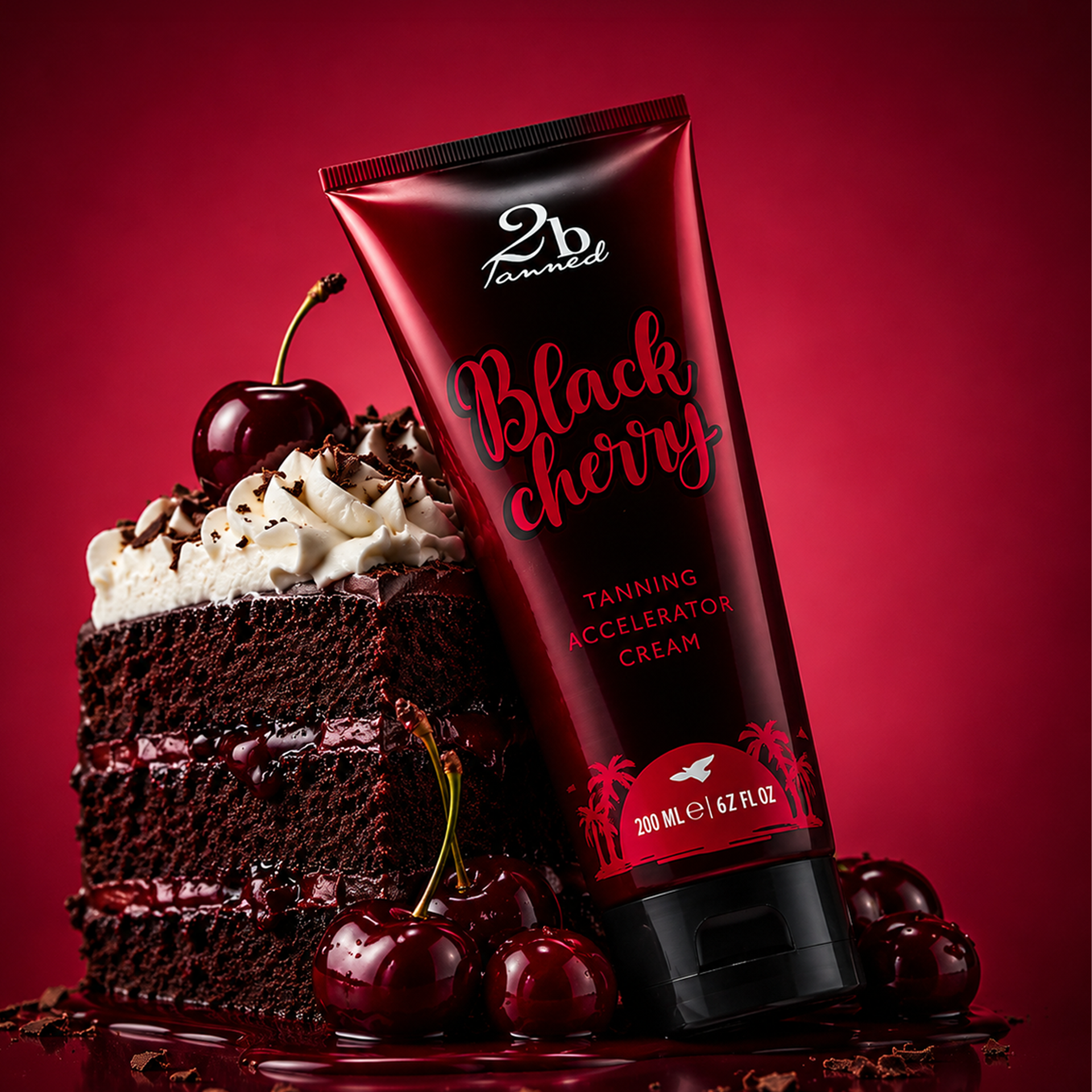 2BTanned Black Cherry Tanning Cream with black forest cake – indulgent cherry scented tanning accelerator 200ml