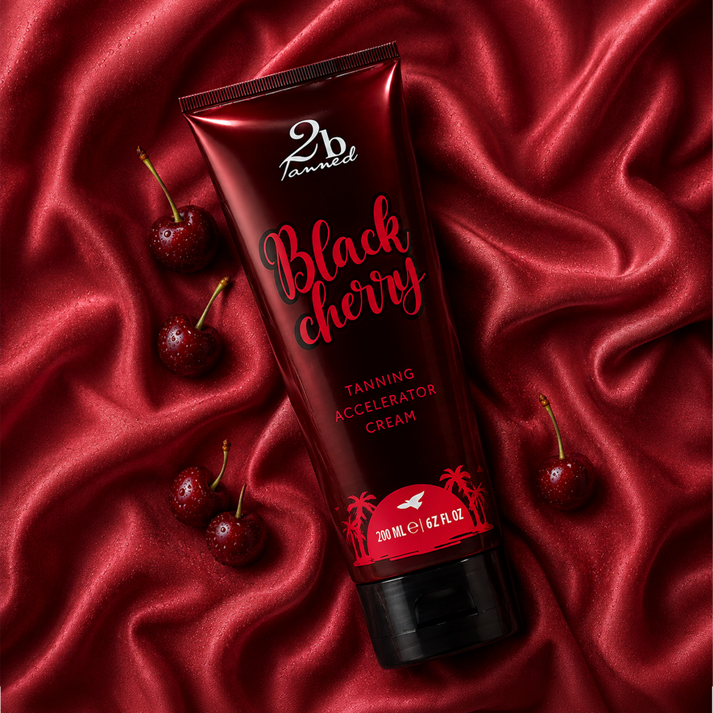 2BTanned Black Cherry Tanning Accelerator Cream on red silk – luxury cherry tanning lotion 200ml UK