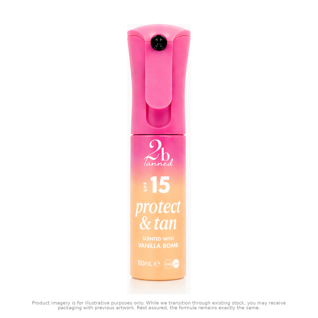 2btanned Vanilla Bomb SPF15 Protect & Tan tanning spray 100ml — pink and warm caramel gradient bottle on white background