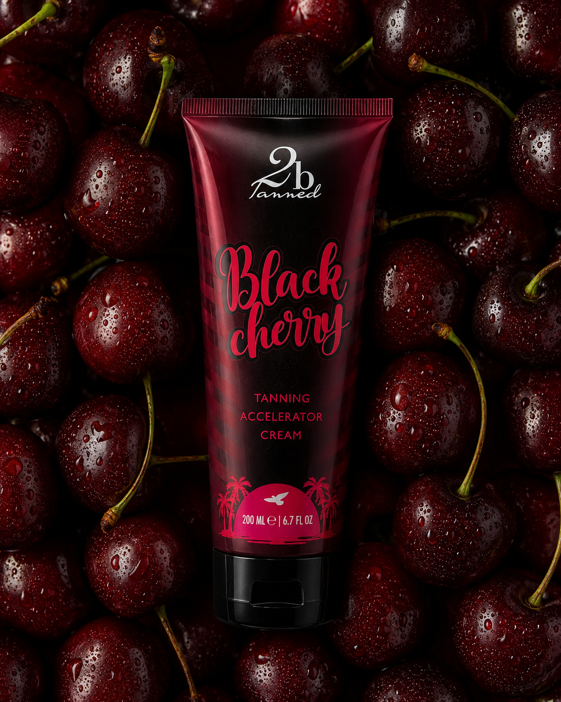 2bTanned Black Cherry Tanning Accelerator Cream on fresh cherries